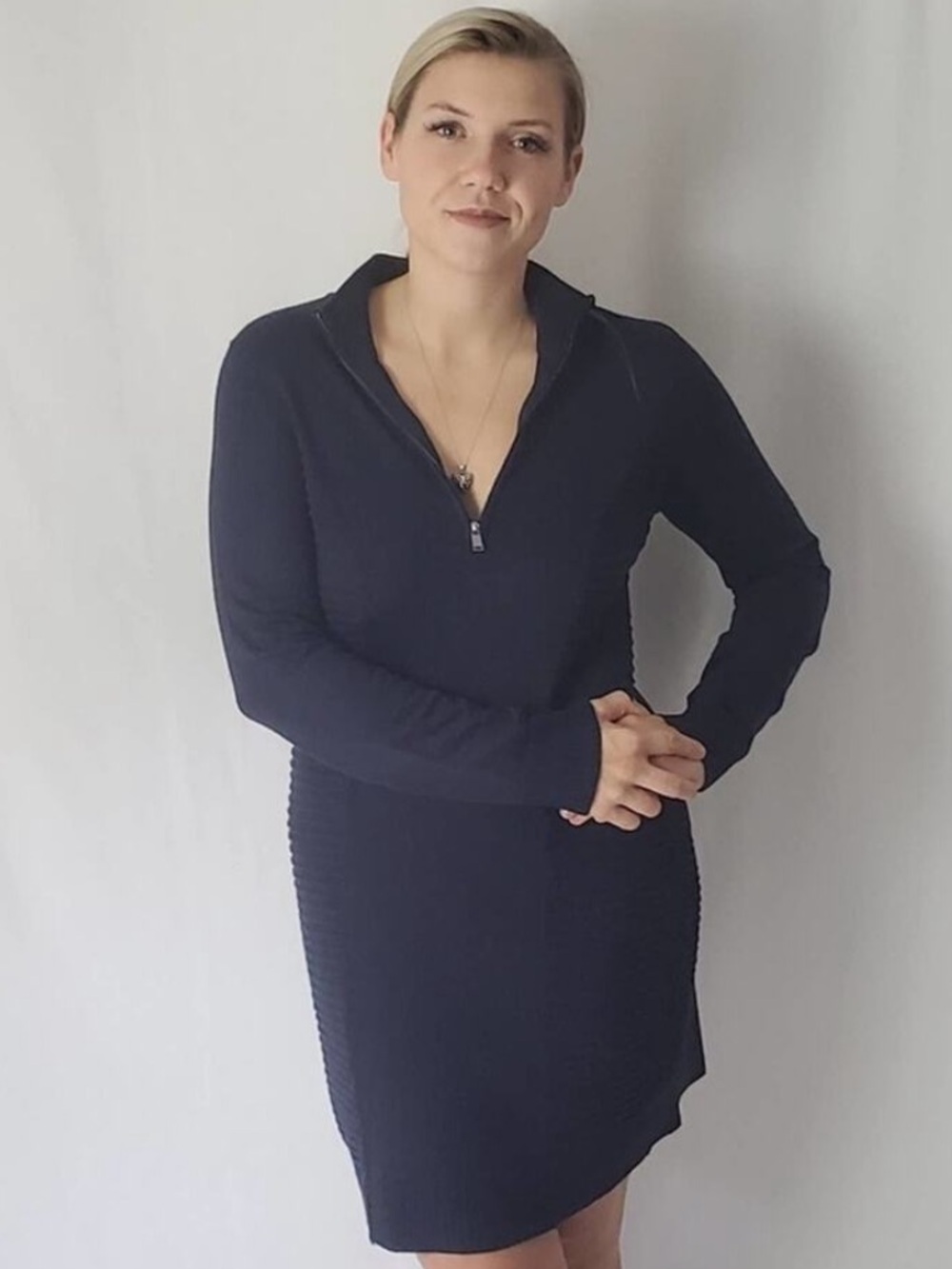 Marc New York Navy Zip-Neck Long Sleeve Knit Dress